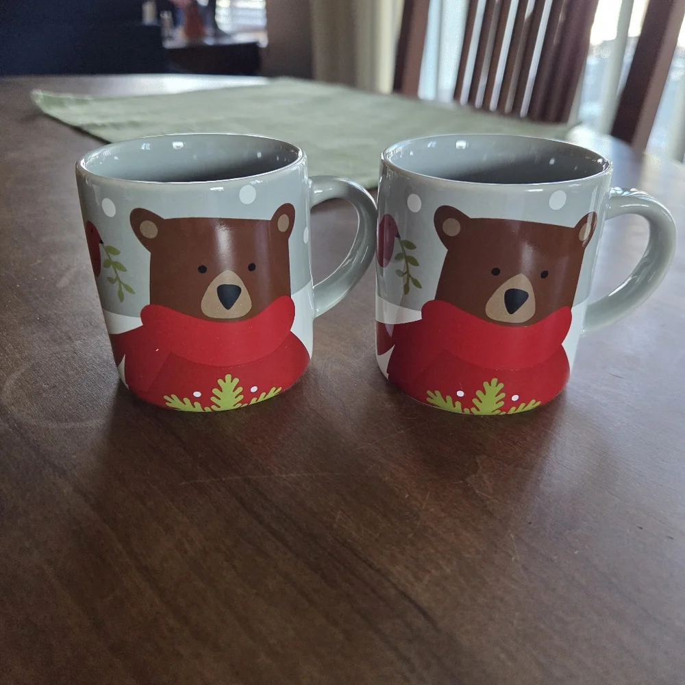 Crate & Barrel Joan Anderson 6oz Holiday Mugs Teddy Bear And Trees